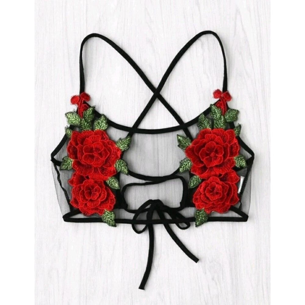 ROMWE Size Large Floral Embroidered Mesh Crop Top Bralette Red Rose Lace-Up Back